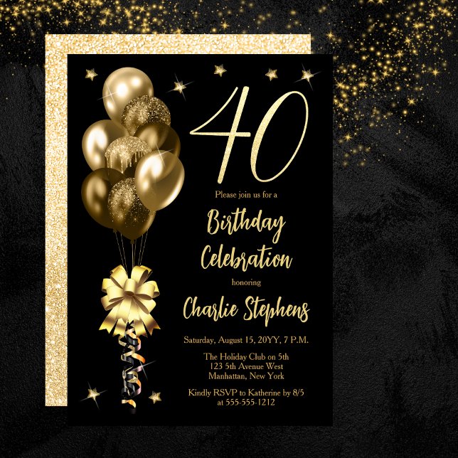 Invitación Globos de oro elegantes en Fiesta de cumpleaños 40 (Elegant Gold-Toned Balloons on Black 40th Birthday Party Invitation)