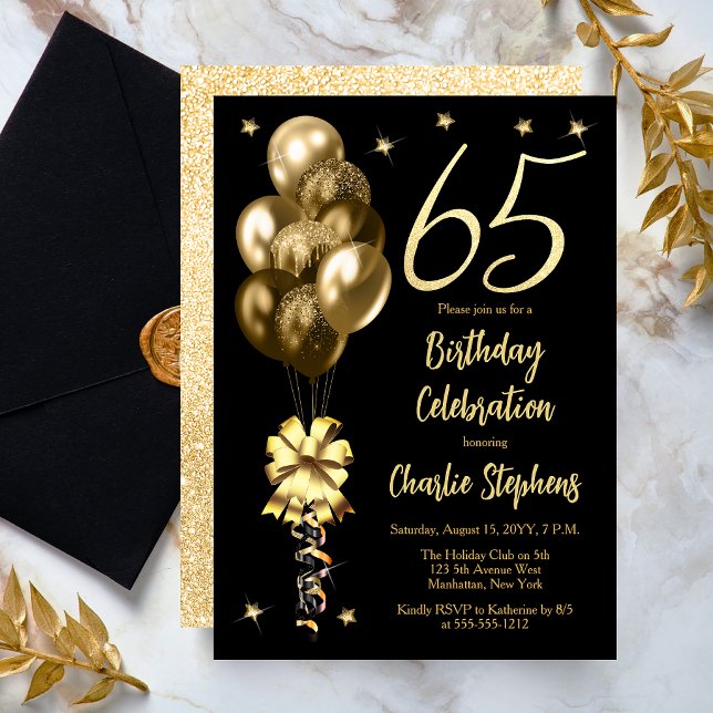 Invitación Globos de oro elegantes en fiesta de cumpleaños 65 (Elegant Gold-Toned Balloons on Black Dramatic 65th Birthday Invitation)