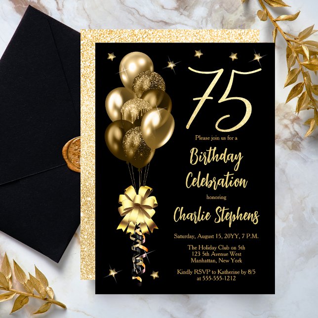 Invitación Globos de oro elegantes en fiesta de cumpleaños 75 (Elegant Gold-Toned Balloons on Black Dramatic 75th Birthday Invitation)