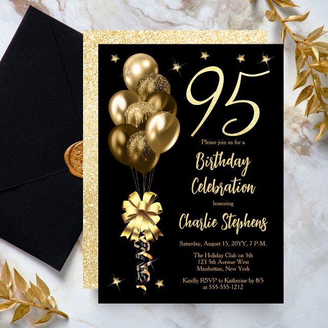 Invitación Globos de oro elegantes en fiesta de cumpleaños 95 (Elegant Gold-Toned Balloons on Black Dramatic 95th Birthday Invitation)