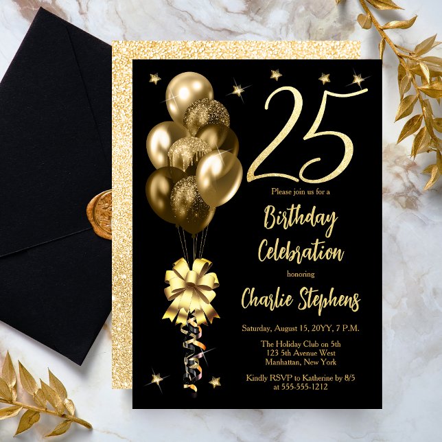 Invitación Globos de oro elegantes en fiesta de cumpleaños nú (Elegant Gold-Toned Balloons on Black Dramatic 25th Birthday Invitation)