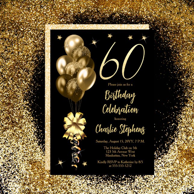 Invitación Globos de oro elegantes en la fiesta de cumpleaños (Elegant Gold-Toned Balloons on Black 60th Birthday Party Invitation)