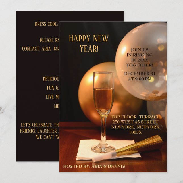 Invitación Globos de oro flauta de champán de Año Nuevo (Anverso / Reverso)