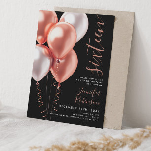 Invitación Globos de oro mínimo Rosa dulce 16 cumpleaños negr