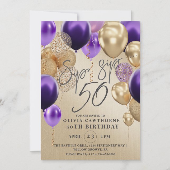 Invitación Globos de oro modernos Fiesta de cumpleaños 50 púr (Anverso)