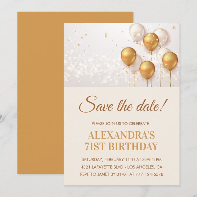 Invitación Globos de oro modernos Salva la fecha cumpleaños 7 (Anverso / Reverso)