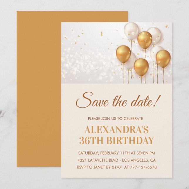 Invitación Globos de oro modernos Salven la fecha 36 cumpleañ (Anverso / Reverso)