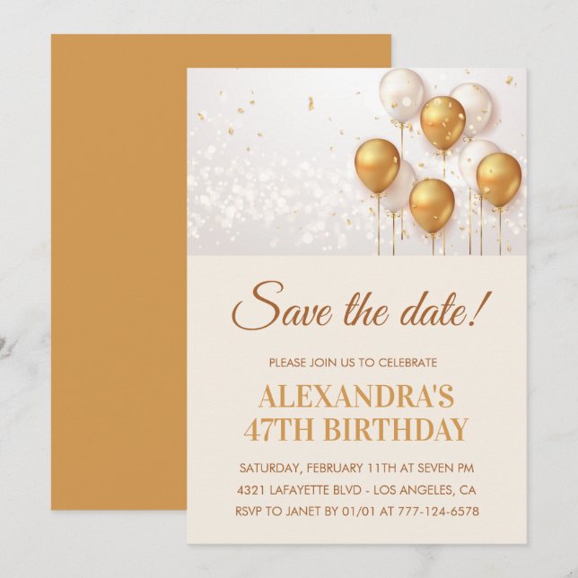 Invitación Globos de oro modernos Salven la fecha 47 cumpleañ (Anverso / Reverso)
