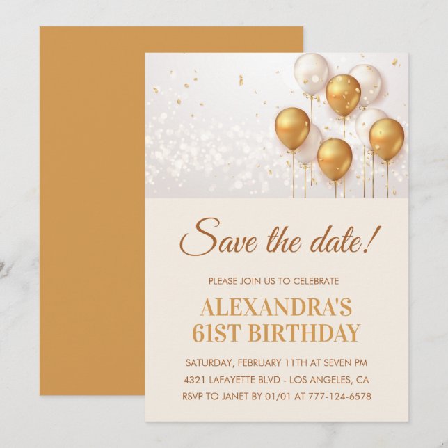 Invitación Globos de oro modernos Salven la fecha 61 cumpleañ (Anverso / Reverso)
