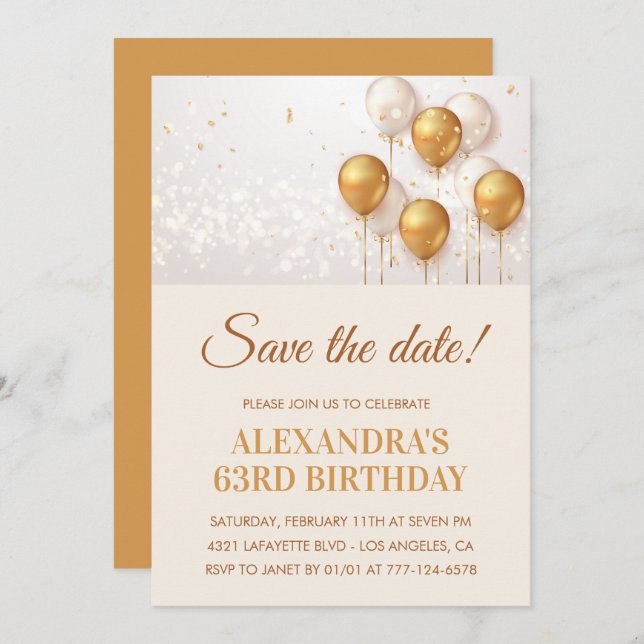 Invitación Globos de oro modernos Salven la fecha 63 cumpleañ (Anverso / Reverso)