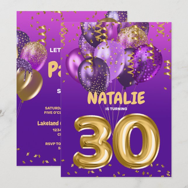 Invitación Globos de oro morado 30 Fiesta de cumpleaños (Anverso / Reverso)