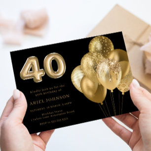 Invitación Globos de oro Negro 40 Fiesta de cumpleaños