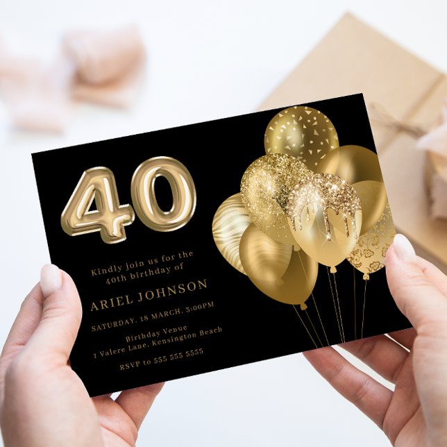 Invitación Globos de oro Negro 40 Fiesta de cumpleaños (Subido por el creador)