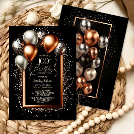 Invitación Globos de oro negros y Rosas 100 cumpleaños