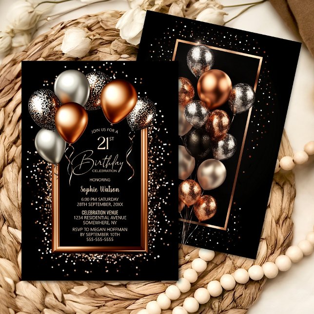 Invitación Globos de oro negros y Rosas Fiesta de cumpleaños  (Subido por el creador)