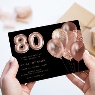 Invitación Globos de oro Rosa Black 80th Birthday Party