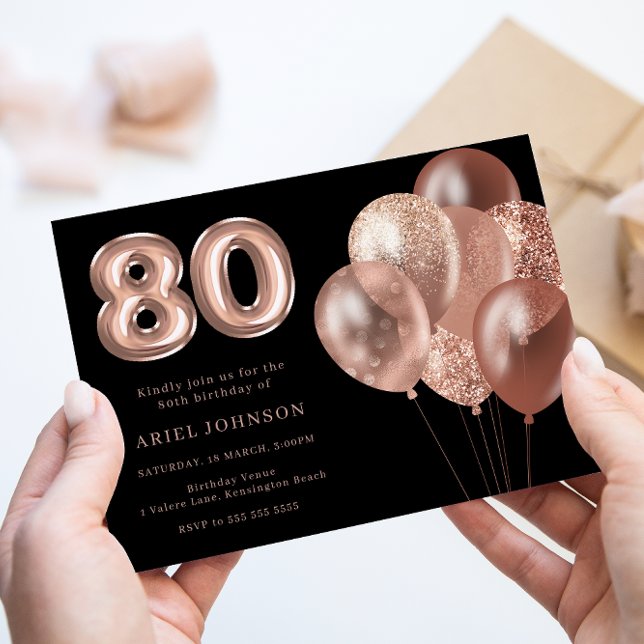 Invitación Globos de oro Rosa Black 80th Birthday Party (Subido por el creador)