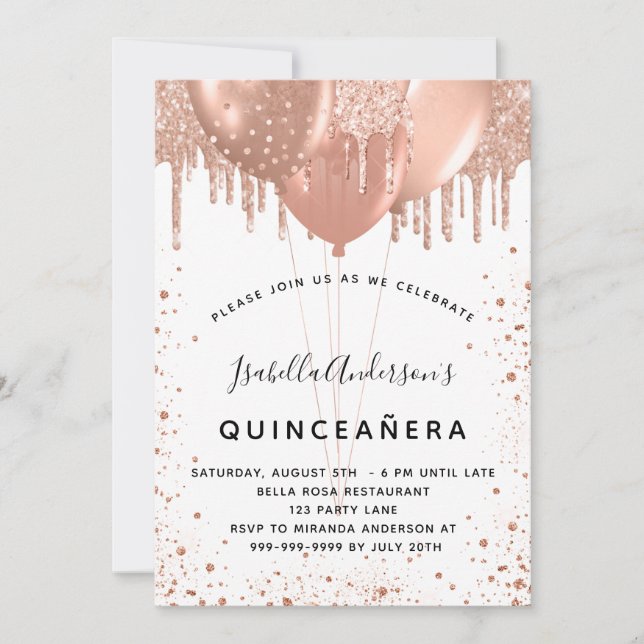 Invitación Globos de oro Rosa blanco Quinceanera (Anverso)