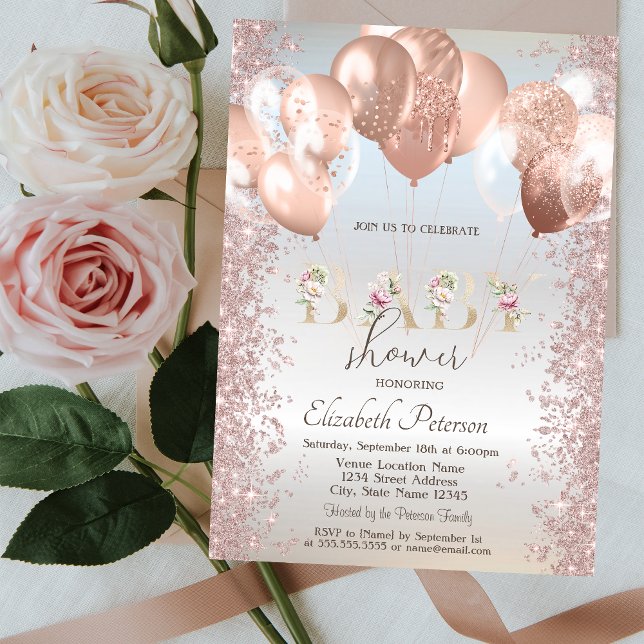 Invitación Globos de oro rosa confeti brillo plateado (Subido por el creador)
