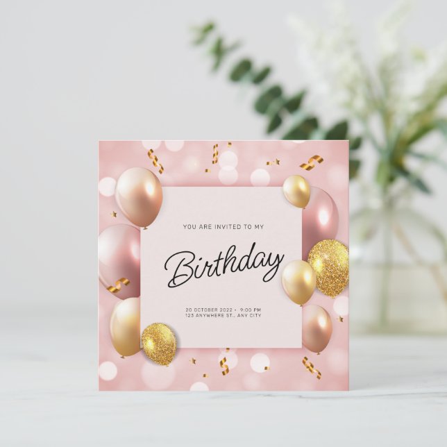 Invitación Globos de oro rosa Cumpleaños (Anverso de pie)