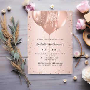 Invitación Globos de oro rosa cumpleaños