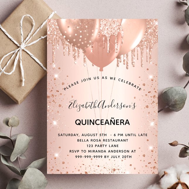 Invitación Globos de oro rosa de Quinceanera (Subido por el creador)