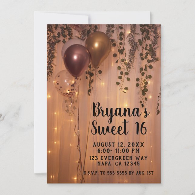 Invitación Globos de oro rosa iluminan a Ivy Sweet rústico 16 (Anverso)