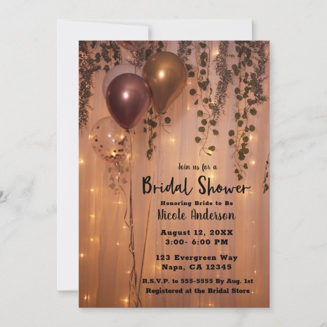 Invitación Globos de oro rosa iluminan ducha marfileña (Anverso)