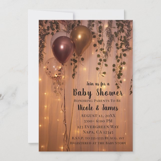 Invitación Globos de oro rosa iluminan Ivy Baby Shower (Anverso)
