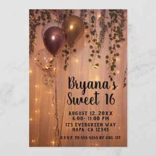 Invitación Globos de Oro Rosa Luces Hojas de Hiedra Rústica S