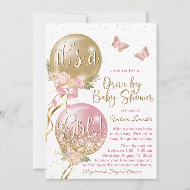 Invitación Globos de oro rosa mariposa Covid Baby Shower (Anverso)