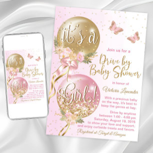 Invitación Globos de Oro Rosa Mariposas Cumple de Bebé Drive 