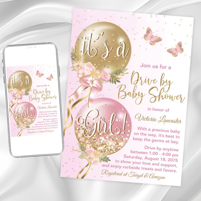 Invitación Globos de Oro Rosa Mariposas Cumple de Bebé Drive  (Cute pink gold drive by shower  invitation. Instant download and printed invitations available.)