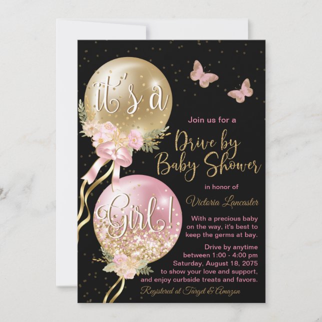 Invitación Globos de oro rosa Mariposas Cumpleaños de bebé Co (Anverso)