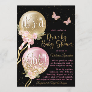 Invitación Globos de oro rosa Mariposas Cumpleaños de bebé Co