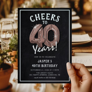 Invitación Globos de Oro Rosa Pizarra Rústica Cumpleaños 40