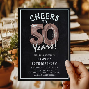 Invitación Globos de Oro Rosa Pizarra Rústica Cumpleaños 50