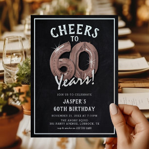 Invitación Globos de Oro Rosa Pizarra Rústica Cumpleaños 60