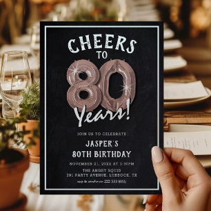 Invitación Globos de Oro Rosa Pizarra Rústica Cumpleaños 80