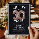 Invitación Globos de oro Rosa rustico de tablero de ajedrez 3<br><div class="desc">¡Celebrando haber cumplido 30! Estas invitaciones de fiestas de 30 años están diseñadas con el título "¡Saludos a 30 años!". Con un fondo rústico de pizarra,  el oro rosa treinta globos de helio,  la tipografía blanca de moda y una sencilla plantilla de cumpleaños que es fácil de personalizar.</div>