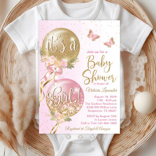 Invitación Globos de Oro Rosa Shower de Bebé Mariposa
