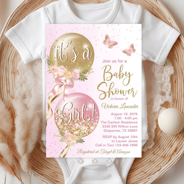 Invitación Globos de Oro Rosa Shower de Bebé Mariposa (Beautiful butterfly and balloons baby shower invitations. )