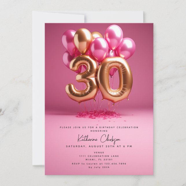 Invitación Globos de oro rosado caliente Fiesta de cumpleaños (Anverso)