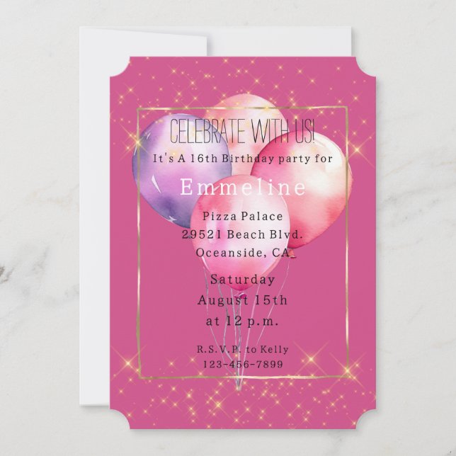 Invitación Globos de oro rosado con broche de oro (Anverso)
