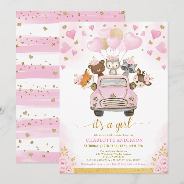 Invitación Globos de oro rosado de Valentines Woodland Baby S (Anverso / Reverso)