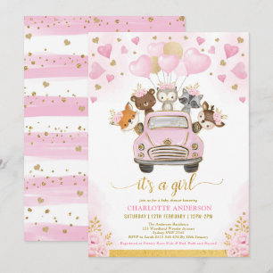 Invitación Globos de oro rosado de Valentines Woodland Baby S