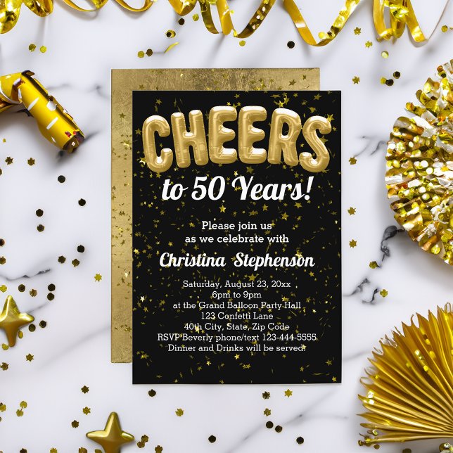 Invitación Globos de oro vitorea a 50 años 50 cumpleaños (gold cheers to 50 years 50th birthday party invitation)