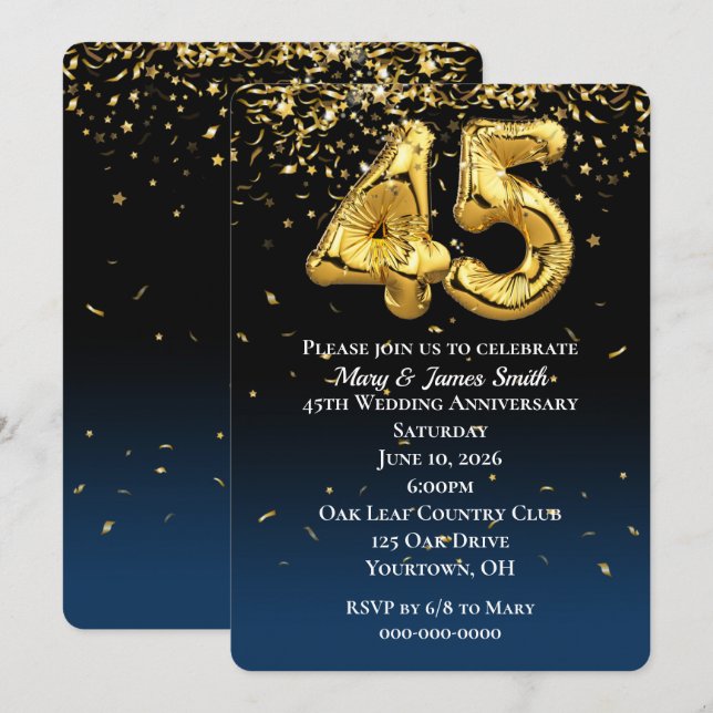Invitación Globos de oro y Confetti en 45 años (Anverso / Reverso)