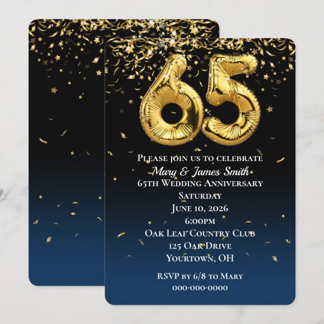 Invitación Globos de oro y Confetti en 65 años (Anverso / Reverso)