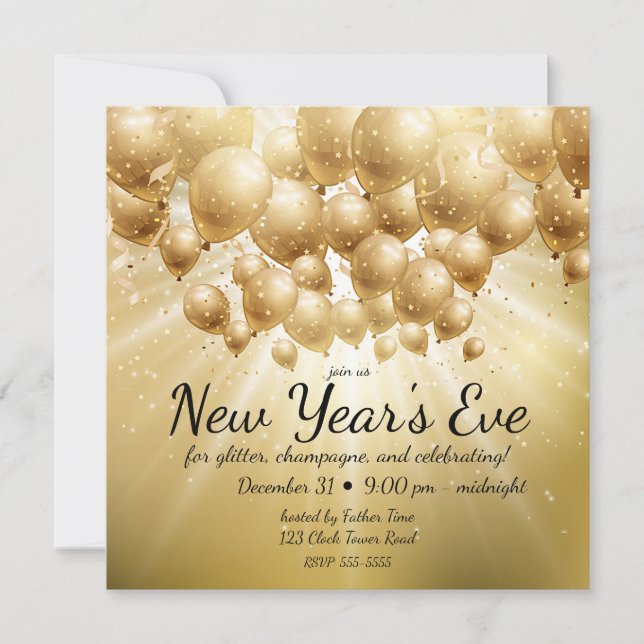 Invitación Globos de oro y Fiesta Purpurina de Nochevieja (Anverso)
